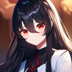 Clear focus,High resolution, black long fluffy hair, long fluffy bangs, red eyes, wearing a lab outfit, extreme close up, evil smile