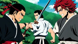 yujiro hanma vs yoriichi tsugukuni, baki vs kimetsu no yaiba, two mans standing in front of each other, a big strong man in black shirt with red hair and evil grin in martial art's stance facing a smaller feminine swordsman with long hair and calm face reaching for his sword in traditional japanese clothes both preparing to fight each other