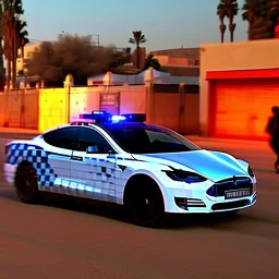 A police Tesla Cybertruck is chasing a Tesla 'Model S Plaid' at top speed, across 'Jemaa el-Fnaa', in Marrakesh. CINEMATIC. WIDE ANGLE LENS.