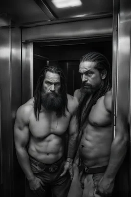 close up photography of two ugly gypsies close, face to face embraced, 41 years old with dreadlocks, big strong muscular chubby, tattoo, beard, bullneck, shirtless, manly chest, hairy torso , embraced, broken short pants,, angry eyes, in an elevator, top light, ambient occlusion, photorealistic, side view from the ground