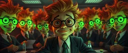 in the style of fallout 4, A close up portrait of one person in group of mutated with hairy wigs glowing, cartoonish uranium creatures in a dimly lit boardroom, wearing tiny suits and glasses, with playful but slightly mischievous expressions. Their bodies emit a soft greenish glow. The room is filled with scattered papers, glowing vials, and miniature nuclear reactors. Style: whimsical digital illustration, cinematic lighting, colorful, slightly exaggerated features, playful