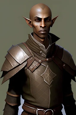 Dungarth Graylock is a Male Wood Elf, he is 416 years old, and works as a Scout. he is Very Underweight and Short for a Elf, standing at 5'1". he has Brown coloured Skin. he is Bald. he is wearing Studded Leather Armor, over which he is wearing a Wool Jacket. In addition, he is adorned with an Expensive Necklace.