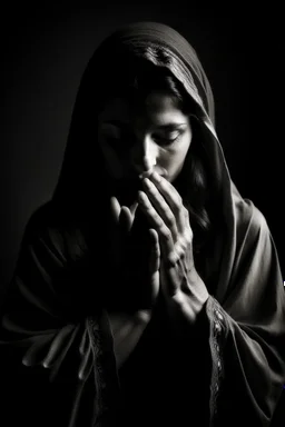 Following the ideas of the book 'The Praise of Shadows', woman wrapped in a tunic among shadows, only part of the face and hands joined in an attitude of prayer visible, real photograph, 16K