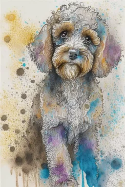 Abstract wet watercolour of a cockapoo, ink lines, splashy background, bifurcated circles, detailed,focus on eyes, watercolour paper