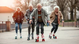 Elderly pensioners on roller skates. Photographic quality and detail, award-winning image, beautiful composition, 35mm lens.