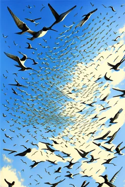 realistic drawing of a swarm of detailed swallows in the blue sky.