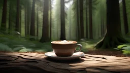 A clear, high-resolution image with 8K resolution, a beautiful wooden coffee cup cappuccino in the forest on a wooden table. The image is from the side so that the coffee and cappuccino are visible