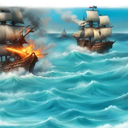 two pirate ships fighting each other at sea. They fire cannons at each other and one ship is hit and burns.