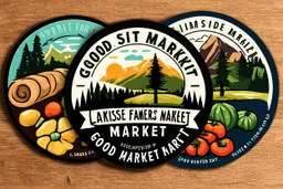 Stickers for a lakeside farmers' market "Good Spirit Market" in a national parks sticker style