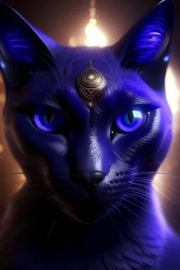 gato oscuro con símbolos egipcios de color morado en la cara, y con ojos violetas luminosos con un toque magico