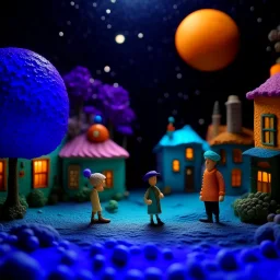 Detailed people, street made of modeling clay and felt, village, stars, galaxy and fog, planets, moon, volumetric light flowers, naïve, Henri Rousseau, strong texture, extreme detail, Yves Tanguy, decal, rich moody colors, sparkles, Harry Potter, bokeh, odd, shot on Ilford