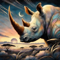 Iridescent Art Nouveau painting by Jean Baptiste Monge, Victor ngai, featuring a (close-up African rhinoceros in a Serengeti grassland) at night}, luxurious silk texture, pale watercolor blend, ink splatter gouache, golden foil detail, Japanese Mokuhanga art. Detailed wrinkled rough epidermis and a weathered tusk