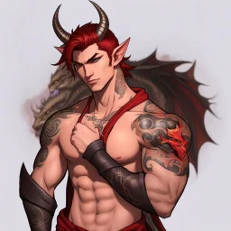 A Young Adult Male. A unique blend of Wood Elf and Red Tiefling features. His handsome face contrasts with the Yakuza dragon tattoos that completly cover his back, arms, and legs. He is wearing a torn coat. A physique that is strong and well-built, resembling a Fighter.