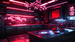 Cyberpunk kitchen. Detailed. Rendered in Unity. Japanese elements. Black and red lighting. Holograms. add a sakura tree into the room. Add some bonsais and traditional japanese katana
