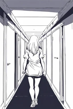 blonde girl runs in a corridor, back view, line arts, manga style