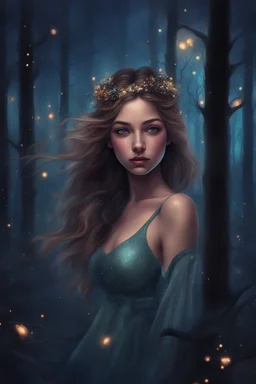 Painting of a dream girl in a fantasy forest, sparkles in the forest background, digital painting, fantasy painting, dancing girl, song, fantasy art, fantasy girl, beautiful girl, beautiful face, 25 years old, beautiful painting, forest In the background, dark night, glitter in the background, fantasy forest, haunted forest