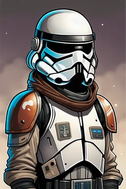 Retrato de un personaje de ciencia ficción de alta calidad de un cazarrecompensas con una chaqueta de aviador. Ilustrado al estilo de la serie de televisión Clone Wars. Lleva un casco de soldado de asalto imperial de star wars