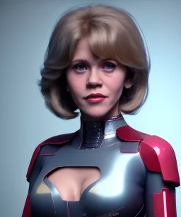 Artist, young jane fonda, android woman, clean skin, short hair, circuits, ghost in the shell, latex coat, feather, cyber punk, neon, bamboo, blood, portrait, studio photo, unreal engine 5, soft color, 16 bit, god lights, ray tracing, RTX, lumen lighting, ultra deatail, volumetric lighting, 3d, finely drawn, hd.