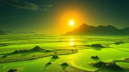 realistic photo of a landscape made of sulfur that looks futuristic with futuristic lighting