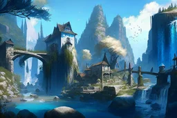 gothic village with waterfall, bridges, trees, next to lake, rocks, with blue sky