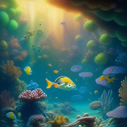 serene underwater scene, coral, fish, rocks, oil painting, by renoirm, pastel colors, masterpiece, intricate, cinematic lighting