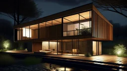 A modern, minimalist house with a wooden exterior and large windows overlooking a natural landscape at night