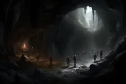 A dark cave filled with petrified wax statues of people trying to escape, fantasy, digital art