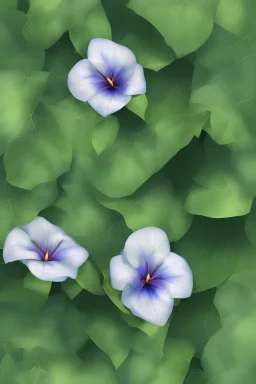 three Blue morning glory with green leaves, arranged vertical, a digital rendering by Kanzan Shimomura, photo realistic rendered in maya and daz3d, with a dark blue background