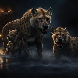 Hyper Realistic Angry-Hyenas & Attacking Angry-Lions on with river-water flow, big-stones & fireflies at dark-night showing dramatic & cinematic ambiance