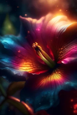 epic middle close up of a sunset multicolor Hibiscus flower with innumerable petals, front illumination only, forest background, magic wake, fantasy illustration, sparks, glitter, grainy, noise, fractal crack effect, cinematic, deep depth of field, 3D, 16k resolution photorealistic, a masterpiece, breathtaking intricate details, reflective catchlights, high quality, abstract vector fractal, wave function, Zentangle, 3d shading