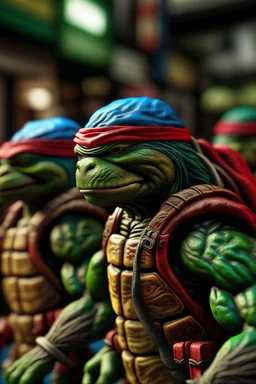Teenage Mutant Ninja Turtles, professional portrait, hyper realistic, ultra detailed photograph, captured with a 85mm lens, f4. 6, bokeh, ultra detailed, ultra accurate detailed, bokeh lighting, surrealism, urban settin, ultra unreal engine, intricate, kitsch, -- ar 51:81