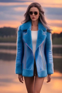 half body shot,realistic portrait of a 20-25 old caucasian model, long blue pink flowing hair, great grey eyes, blue leather jacket,full body, short white skirt,long legs,standing at beach of very nive lake with sunset ,clouds,godrayes