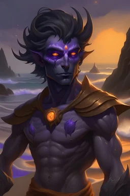 male siren with purple skin and glowing orange eyes on a beach full of jagged rocks