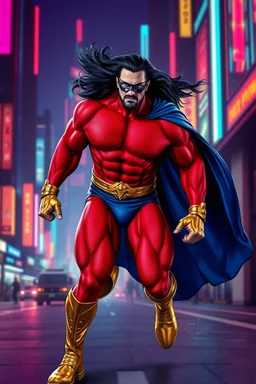 A giant, muscular man with long, flowing, black hair blowing in the breeze, blue eyes, short, trimmed goatee, Running on the streets in the neon lit, futuristic City of Xanadu prime, wearing a red body suit that forms to his muscular frame, he also wears tight blue trunks on the outside of the suit, he has a gold lightning belt, gold wrist gauntlets, he wears gold, knee-high boots, he wears a blue cape, he has the symbol of Xanadu Prime on his chest, and a thin black leather bandit eye mask