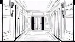 unhinged door, anime, monochrome, black background, ink, simple, maximum quality, broken hinge, barely functioning, why is it still being used it's a health hazard, centered on frame, far