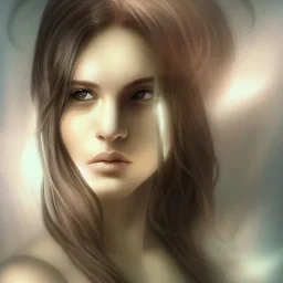 draw woman with Light-brown long hair, dark fantasy setting, ethereal, soft lighting, soft green eyes, medium cheeks, big forehead, wide chin, small nose, Portrait of mutant ,sexy, perfect composition, beautiful eyes