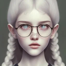 three girls, glasses, portrait, leaning pose, sueter, dead eyes, emotionless face, long white hair, full body, realistic painting, tattoo, intricate detail, cute, small girl, symmetrical, emotionless, big horn,