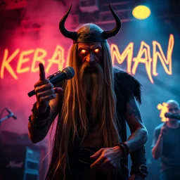 a very thin swedish viking man, evil with very long blonde hair (2 meter), (fat glowing eyes), he is called "KEBAB MAN" performing at death metal club, his name is "KEBAB MAN" kebab rolls On stage, kebab Neon lights and smog, and "KEBAB MAN" big sign on the wall, kebab tribal tattooes, spinning kebab machines, flames and smoke, chaos, he using gasolin and pour it on the kebab on the stage, hand gesture pointing middle finger, not point finger,