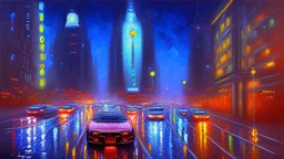 Modern city at night with modern cars, impressionism painting