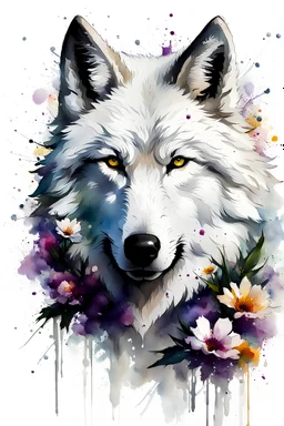 portrait of a realistic white wolf, white background with some flowers and splashes, Dean Crouser style