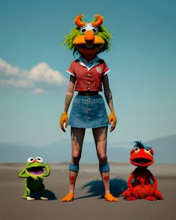 hybrid character, waitress sexy woman with monster muppet mask that covers her entire head, short shirt, tray, beer, old school tattoo, retro style, Sesame Street style, hot, smooth, unreal engine 5, god lights, ray tracing, RTX, lumen lighting, ultra detail, volumetric lighting, 3d.