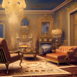 A living room with armchair and fancy stools. Salvador Dali style