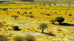 An orangish yellow savanna near a Karoo with animals designed in native American petroglyphs painted by Jean Dubuffet