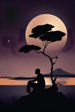 imagine a silhouette of an African man sitting while facing the horizon at the background. Beside him on his right is a lit lantern. He is facing the horizon where the moon has risen and stars are seen from far.