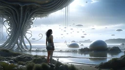 Detailed matte painting of a wide-angle shot of a woman, standing on the right side of an alien beach, with dark hair in a silver robotic catsuit, many large floating jellyfish with octopus tentacles, alien jungle trees in the distance