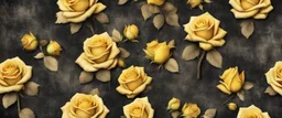 Hyper Realistic grungy multicolored yellow roses background with rustic black jeans texture & vignette effect