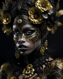 Beautiful young faced vantablack woman portrait adorned with black petúnia gqrden pansy Golden cedar wooden filigree mineral Stone onix t and nglittering opál headdress watercoouring wearing metallic filigree floral embossed wooden quilling ivory carved mineral Stone ribbed floral petúnia costume arnour organic bio spinql ribbed detail of trqnsculetnt white background with floral árt nouvewu embossed extremely detailed hyperrealiatic maximalist tconcept art