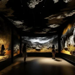 A dark brown virtual realm with digital magnets designed in Lascaux cave paintings painted by Utagawa Hiroshige