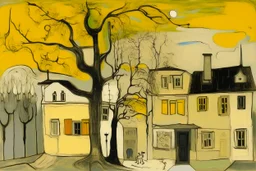 A pale ivory yellow district with a voodoo house in a thunderstorm painted by Piet Mondrian