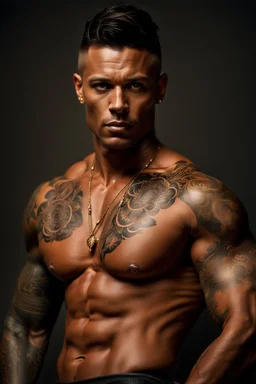 portrait of a 35 year old Handsome muscular shirtless male with light bronze skin adorned with tattoos. photorealistic